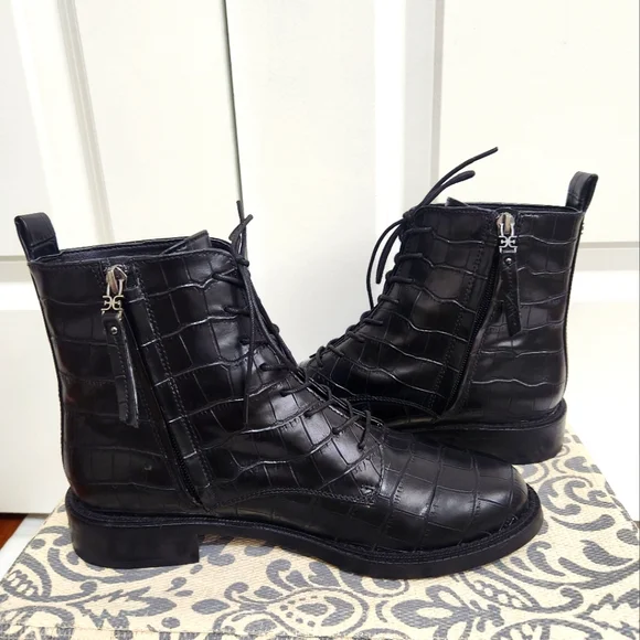 Sam Edelman  Nina Black Crocodile Print Combat Boots 8M - Picture 3 of 7